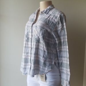 Forever 21 White & Green Plaid Button Down Flannel